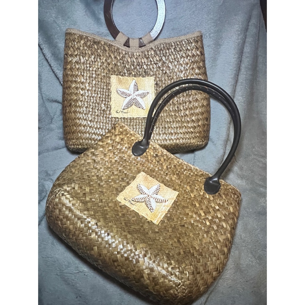 Paul Brent Woven Straw Lot 2 Starfish Beach Purses Wooden Ring Handles Coastal